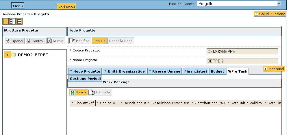 GESTIONE PROGETTI: MAPPATURA RISORSE Dall elenco progetti selezionare il progetto DEMO2 seguito dal vostro nome. Selezionare il pannello WP e TASK e cliccare su NUOVO.
