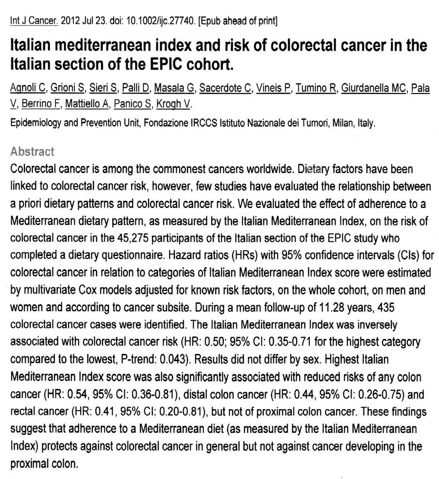 - 45.275 soggetti della sezione italiana dello studio europeo EPIC sui rapporti tra alimentazione e