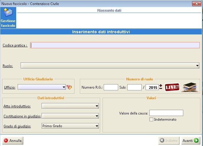 Procedere con la compilazione dei campi obbligatori e cliccare sul tasto Avanti (NB: Codice Pratica, Ufficio, RG e anno sono richiesti in ogni tipo di procedura) SI RICORDA CHE: CODICE PRATICA: il