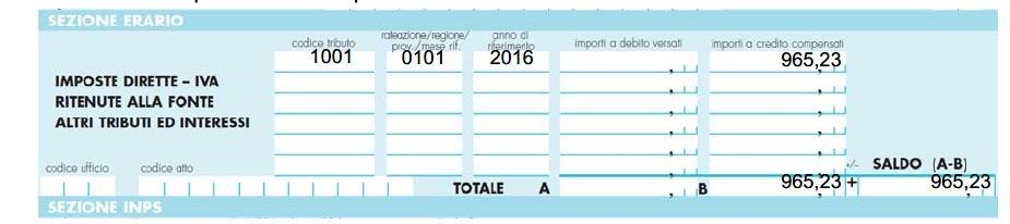 Esempio La Ditta 1 srl effettua a dicembre 2016 ritenute IRPEF su compensi corrisposti ai collaboratori coordinati e continuativi per 965,23 e provvede a versarle il 16.1.2017.