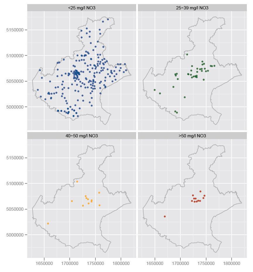 Concentrazione media annua nitrati 2010_ARPAV 2010 La distribuzione spaziale delle concentrazioni medie annue del 2011 evidenzia che i valori più elevati sono localizzati soprattutto nell acquifero