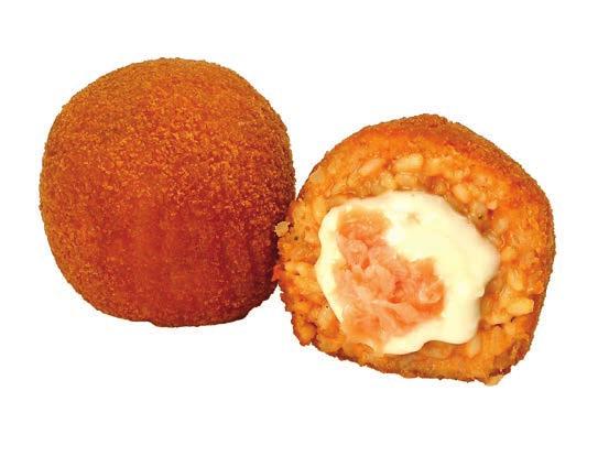 PAR200FORCR PAR200FORCO 16pz / 45pz Arancino pollo e curry Arancino salmone Breaded rice arancino with chicken and curry Breaded rice arancino with salmon and mozzarella CRUDO COTTO COOKED 60g