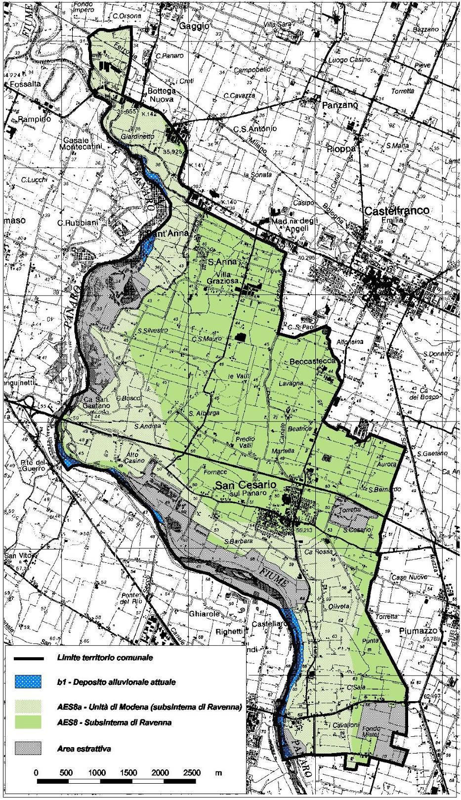 Figura 7 Carta geologica del comune di San Cesario sul Panaro (unità affioranti o sub affioranti della copertura olocenica).