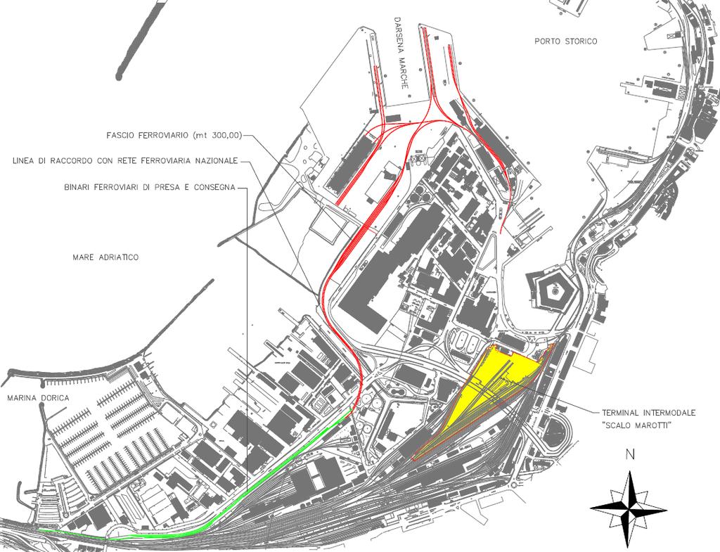 Le infrastrutture intermodali Binari di presa e consegna: lunghezza 500 mt, elettrificati in radice; Binari di carico e scarico: 5X300 metri, prevista estensione a 550 metri; Possibile partenza ed