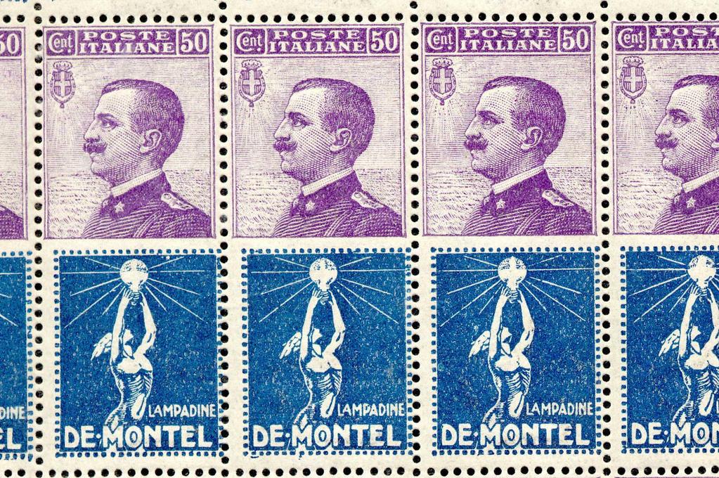 Pubblicitario 50 cent De Montel del 13/11/1924 50 cent. Violetto del 1908 con sottostante appendice pubblicitaria disegnata da G.