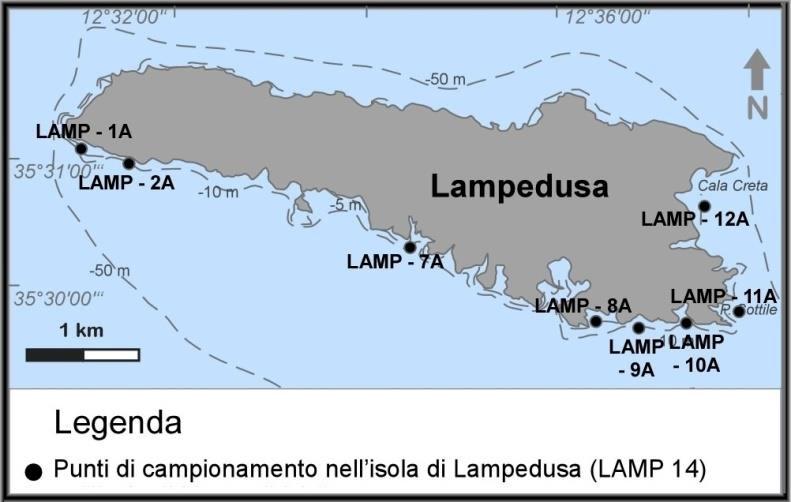 Fig.3: Punti di campionamento nell Isola di Lampedusa (Isole Pelagie). Fig.4: Punti di campionamento nell Isola di Linosa (Isole Pelagie).