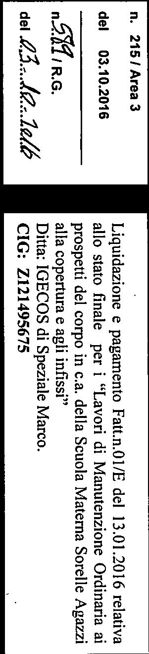 frt COMUNE DI PACE DEL MELA PROVINCIA DI MESSINA AREA 3 TECNICO MANUTENTIVA DETERMINAZIONE DEL FUNZIONARIO RESPONSABILE n. 2l5IArea3 dei 03.10.2016 R.G. del Liquidazione e pagamento Fatt.n.01/E del 13.