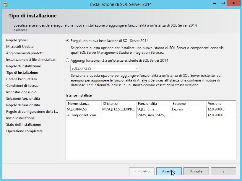 Selezionare di voler installare una nuova istanza di SQL Server 2014