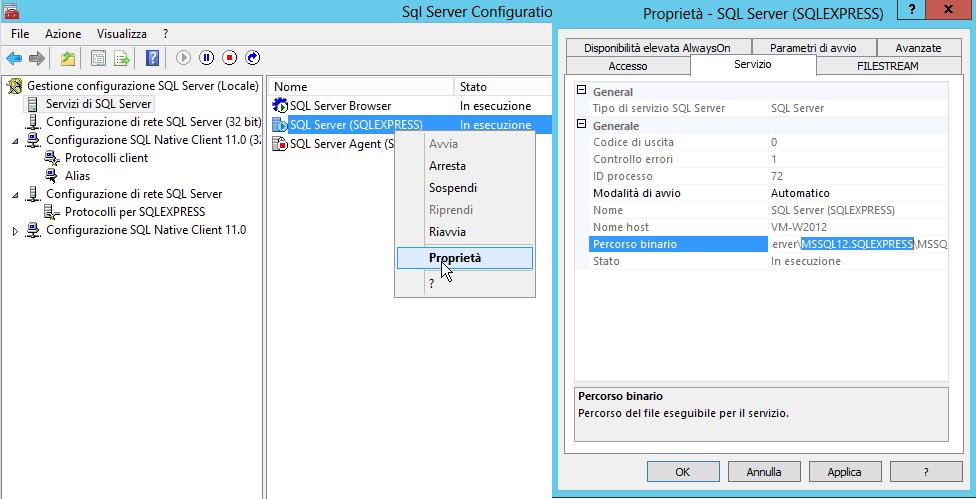 entrare sulle proprietà del servizio SQL Server Fare la stessa cosa quindi per il programma SQL Server Browser solitamente in C:\Program Files <oppure C:\Program Files (x86) per i sistemi operativi a