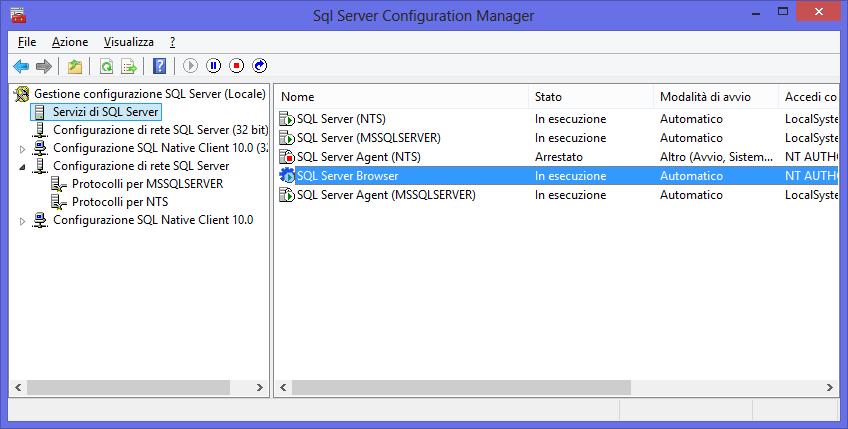 Verificare SQL Browser Verificare che il servizio di SQL Browser sia