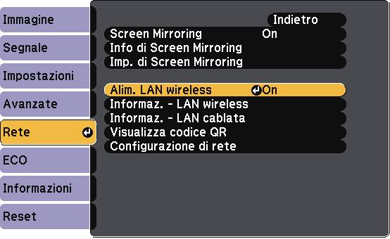 Proiezione di rete wireless 109 b Selezionre il menu Rete e premere [Enter]. e Selezionre il menu Bsilri e premere [Enter]. c Selezionre On come impostzione per Alim. LAN wireless.