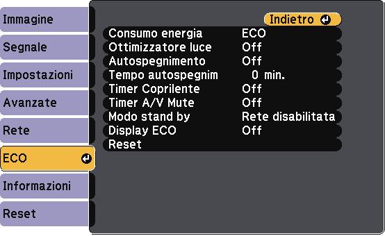 Impostzioni di configurzione del proiettore - Menu ECO 163 Le impostzioni del menu ECO consentono di personlizzre le funzioni del proiettore per risprmire energi.