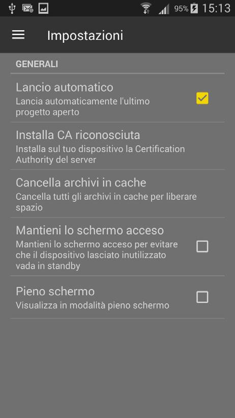 2.2.1 Impostazioni generali Nella pagina di impostazioni generali sono presenti le impostazioni che riguardano il funzionamento dell app e che valgono per tutti i progetti.