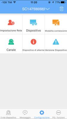 [Impostazione Rete]: per IP Camera, informazione del rete [Dispositivo]: Per modifica Nome del DVR, nome del utente, password, oppure cancella DVR sulla listina [Modalita connessione]: Modo di