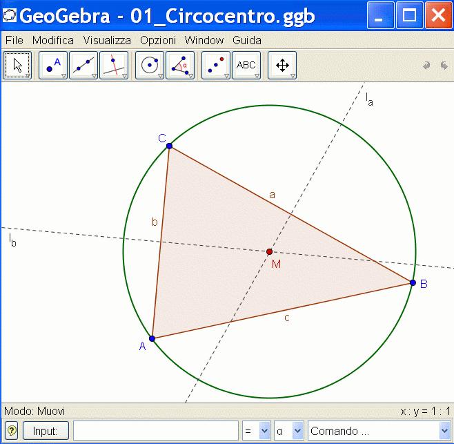 Esempio 1: Circonferenza circoscritta ad un triangolo Consegna: Disegna un triangolo ABC e costruisci la circonferenza circoscritta usando GeoGebra.