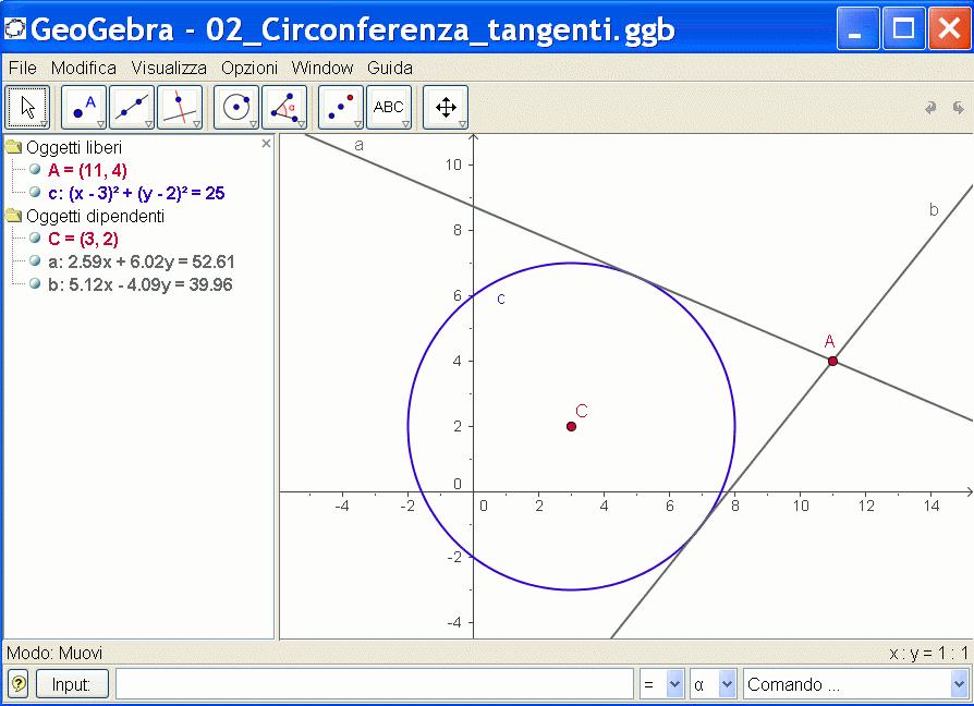 Esempio 2: Tangenti ad una circonferenza Consegna: Usando GeoGebra, costruisci la circonferenza c: (x - 3)² + (y - 2)² = 25 e le sue tangenti condotte dal punto A = (11, 4).