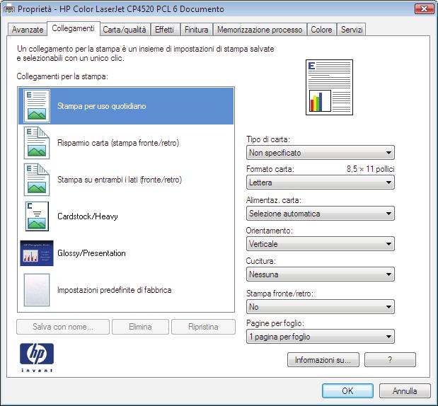 Creazione di collegamenti per la stampa (Windows) 1. Nel programma software, selezionare l'opzione Stampa. 2. Selezionare il prodotto, quindi fare clic sul pulsante Proprietà o Preferenze. 3.