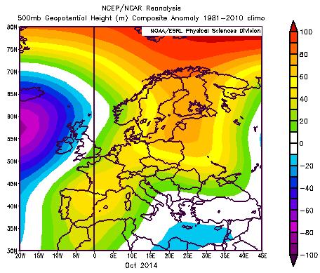 Nel mese di ottobre emerge l anomalia che ha favorito le condizioni anticicloniche su gran parte dell Europa con anomalie termiche positive ad eccezione della Scandinavia settentrionale e della