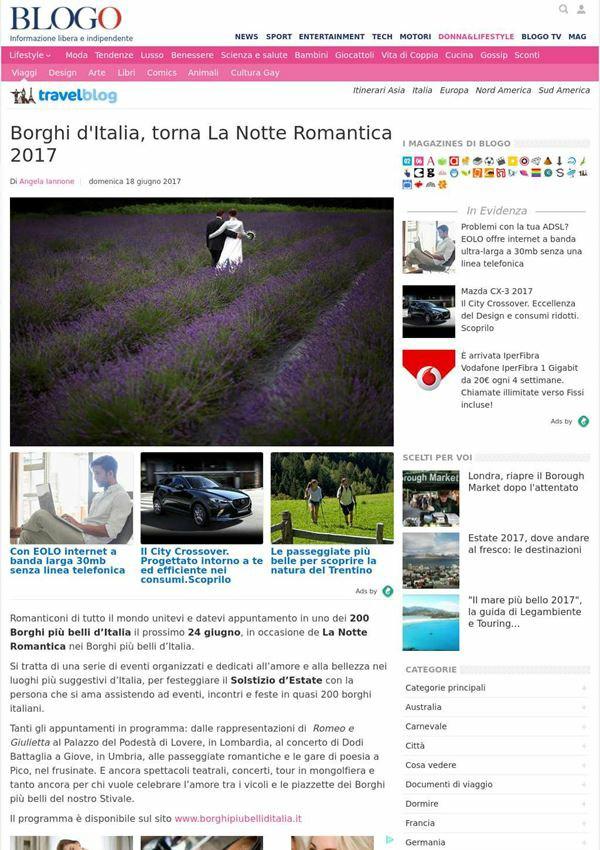 18 giugno 2017 Blogo Borghi d' Italia, torna La Notte Romantica 2017 Romanticoni di tutto il mondo unitevi e datevi appuntamento in uno dei 200 Borghi più belli d' Italia il prossimo 24 giugno, in