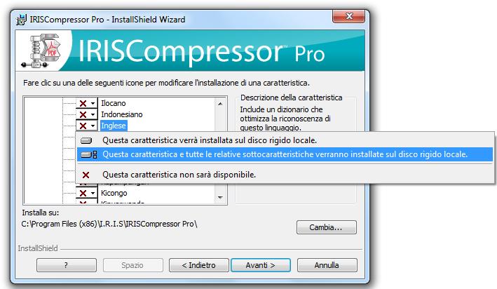IRISCompressor TM Pro Guida utente IRISCompressor Pro: Selezionare le lingue in cui si desidera che IRISCompressor effettui il riconoscimento dei documenti e fare clic su Installa.