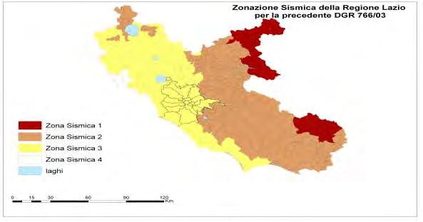 Fig. 32: Zonazione sismica della Regione Lazio secondo la DGR 766/2003 Il territorio non classificato viene sostituito dalla Zona 4, nel quale è facoltà delle Regioni prescrivere l obbligo della