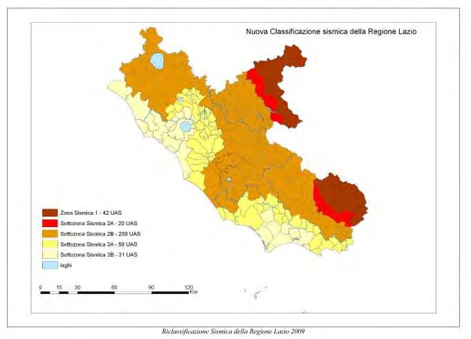 Fig. 36 Riclassificazione Sismica della Regione Lazio, 2009 Per la Provincia di Latina la Riclassificazione sismica determina un declassamento di 26 comuni dalla