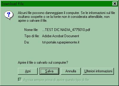 Poiché alcuni browser limitano la possibilità di scarico file si consiglia di effettuare una verifica come indicato nel presente manuale al punto 7- PROBLEMI SCARICO