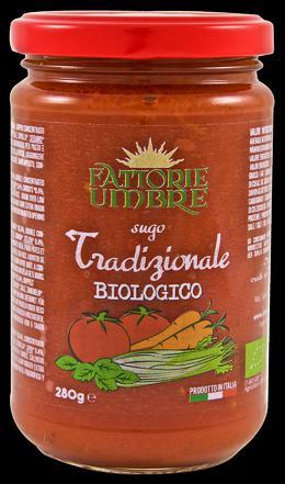 Sugo Tradizionale Biologico 280 gr. Polpa di pomodoro* 83.4%, Doppio concentrato di pomodoro*, Olio extra vergine di oliva*, Zucchero*, Sale, Cipolla* 0.4%, Sedano* 0.4%, Carote* 0.