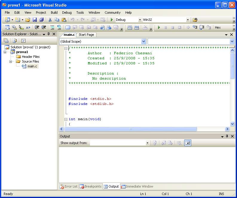 Visual Studio: schermata principale Solution Explorer