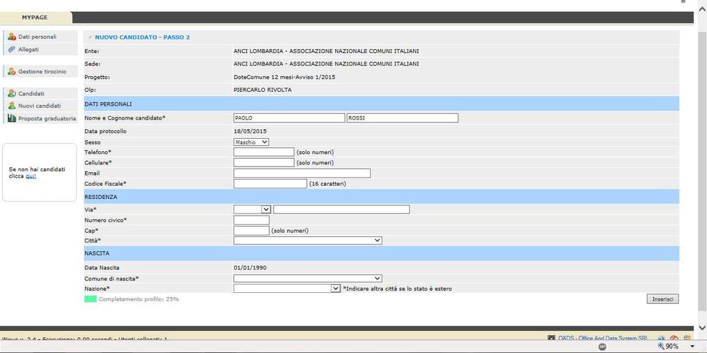 Fase 2. Dati personali del candidato La fase 2 prevede l inserimento dei dati personali del candidato.