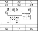 Connessioni e schema Relè di misurazione della tensione Schema di cablaggio RM4UA01 e RM4UA02 A1-A2Tensione di alimentazione B1, B2, Tensioni B3, C da misurare (vedere la tabella di seguito)