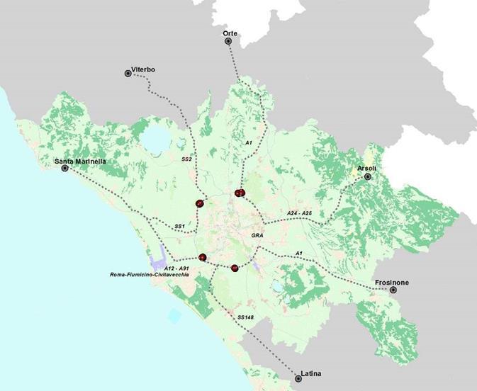 LA RETE AD ALTA POTENZA PER I FLUSSI DI AREA VASTA La figura evidenzia le località che si trovano a 50 km di distanza da alcuni impianti di distribuzione carburanti del GRA la cui realizzazione