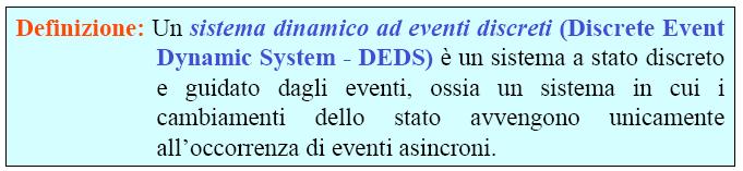 Sistemi ad eventi discreti (SED) Un evento può essere identificato: con un azione specifica (shut-down di un calcolatore in seguito ad