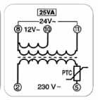 8-10 : 12V-25VA 8-11 : 24V-25VA 11-13 : 12V-40VA 11-14: 24V-40VA 13-14 : 12V-63VA