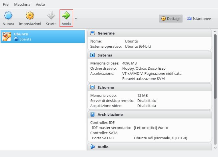 Dal gestore di VirtualBox: