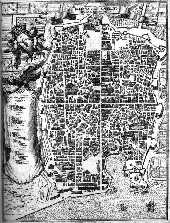 TITOLO: Palermo nel terremoto del primo settembre 1726 DATA: 1727 AUTORE: ignoto, incisore Antonino Bova TECNICA: incisione in rame BIBLIOGRAFIA: La Sicilia dei terremoti: lunga durata e dinamiche