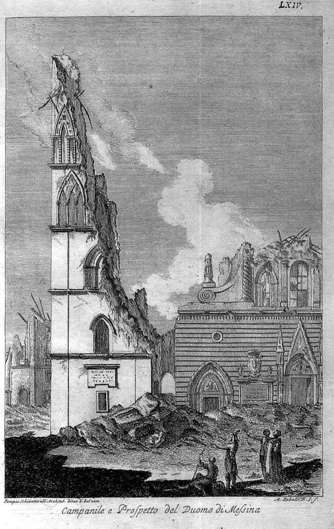 33x21; rappresenta il campanile e il prospetto del duomo di Messina pesantemente colpiti dal sisma e lo sgomento della popolazione davanti a tali distruzioni.