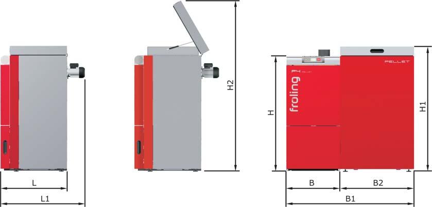 P4 Pellet Dati tecnici P4 con serbatoio pellet Dimensioni P4 8 P4 15 P4 20 P4 25 L Lunghezza caldaia [mm] 740 740 740 740 L1 Lunghezza totale, ventilatore a tiraggio compreso [mm] 940 940 940 940 B