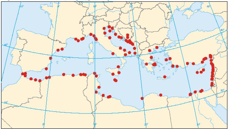 Figura 3.2/3. Aree critiche (hot spot) per l inquinamento nel bacino del Mediterraneo secondo l UNEP (fonte: EEA Report n.