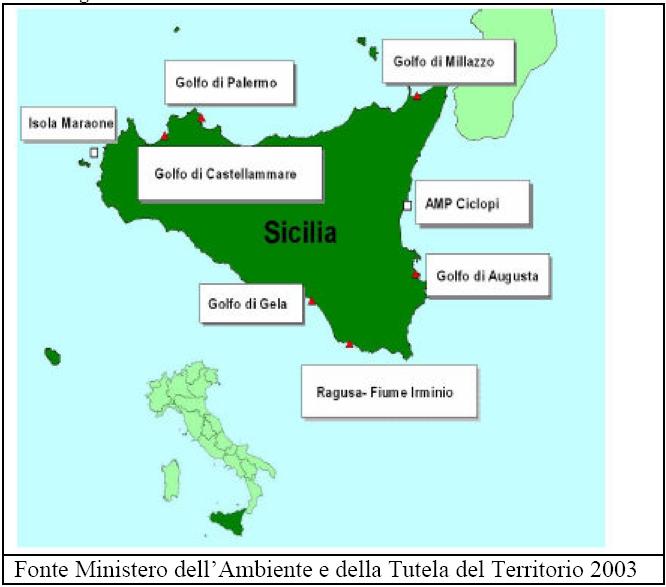 Figura 3.2/4. Aree critiche e bianche per l inquinamento in Sicilia secondo il Si.Di.Mar. I dati, rilevati da ARPA Sicilia, sono trasmessi per via telematica alla banca dati del Si.Di.Mar.; successivamente sono controllati e verificati dal Ministero dell Ambiente e della Tutela del Territorio MATT.