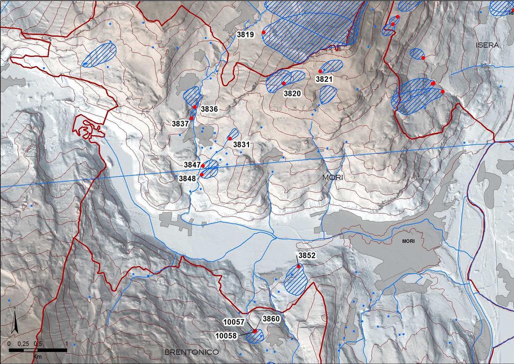 Mori Figura 1 : mappa con l ubicazione delle sorgenti selezionate ed analizzate (in rosso) con il codice che le caratterizza univocamente; per le sole sorgenti utilizzate a scopo potabile sono