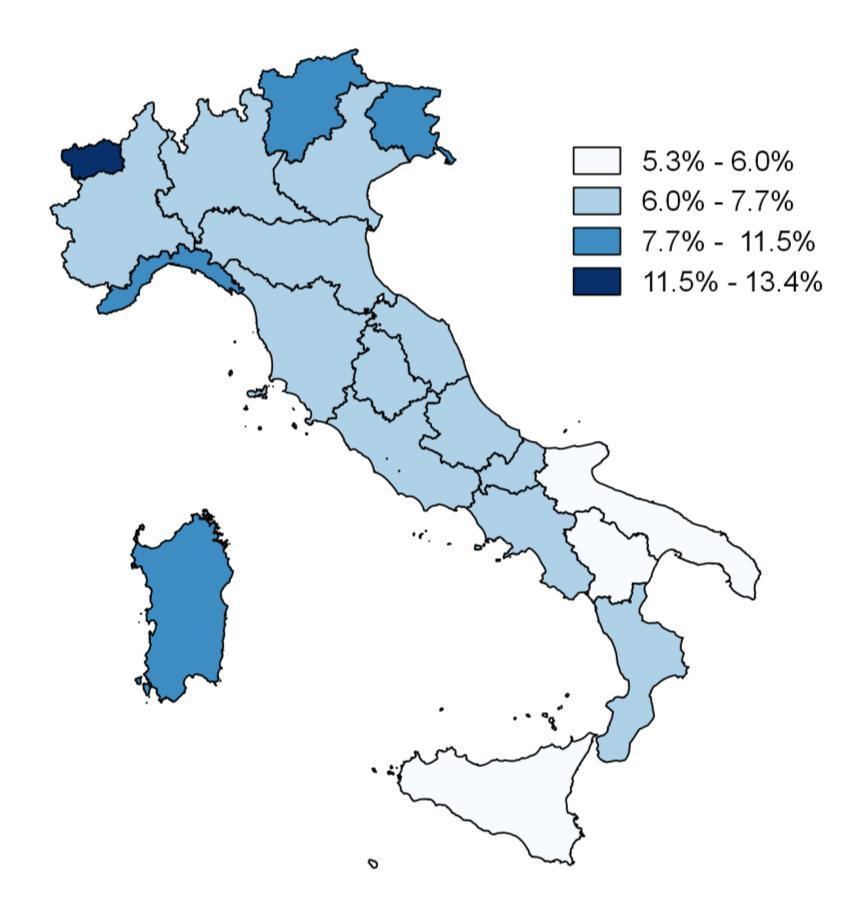 Il settore ospitalità in Italia Percentuale delle aziende registrate appartenenti al settore ospitalità sul totale delle aziende registrate per regione (NUTS-2). Anno 2014.