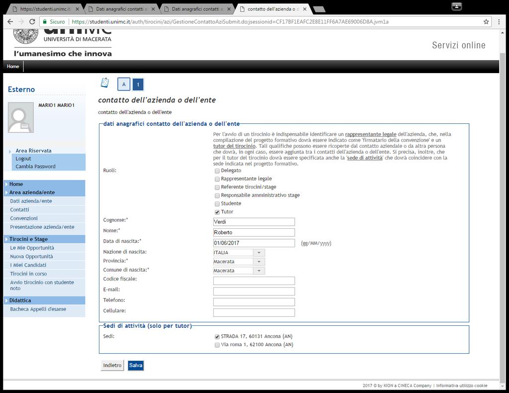 In Ruoli scegliere Tutor; inserire poi cognome, nome, e-mail e facoltativamente, codice fiscale, telefono e cellulare del tutor; selezionare data