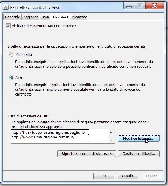 Cliccare su Modifica lista siti...... Viene visualizzata una finestra dove aggiungere i seguenti indirizzi, esattamente come segue: https://frmir.regione.puglia.it/ http://fr.mir.intranet.regione.puglia.it/ http://mir2000.