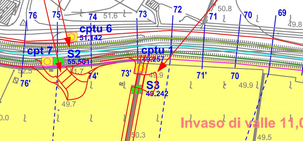 SITUAZIONE FUTURO ARGINE DI SEPARAZIONE ELABORAZIONI FIG. 29 Con riferimento al sondaggio S3 e alla prova CPTU 1 eseguiti a campagna (entrambe con quota inizio +49,2 m s.l.m.m.), in posizioni abbastanza prossime al sondaggio S2 (vedi FIG.