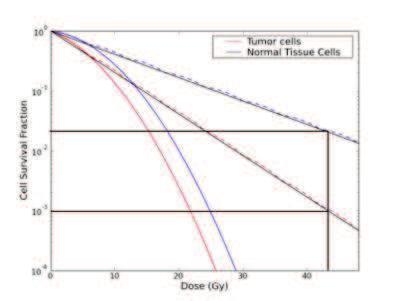 CAPITOLO 1. ADROTERAPIA 37 Figura 1.22: Curve di sopravvivenza cellulare in funzione della dose totale distribuita. In blu le statistiche riguardanti cellule sane, in rosso quelle tumorali.