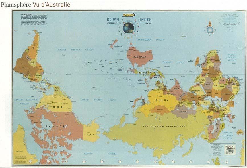 Rappresentazione Australiana Questo planisfero non è certo attendibile da un punto di vista pedagogico educativo della geografia, non ha una valenza scientifica, ma se non altro è bene osservarla in