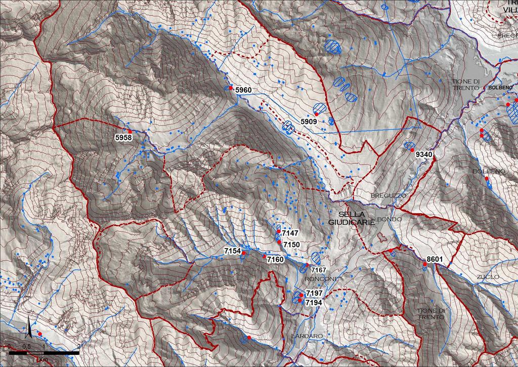 Sella Giudicarie Figura 1 : mappa con l ubicazione delle sorgenti selezionate ed analizzate (in rosso) con il codice che le caratterizza univocamente; per le sole sorgenti utilizzate a scopo potabile