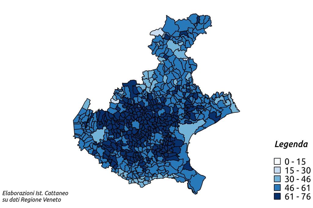 più elevati nelle province di Vicenza, Verona e, in parte, Padova, abbassandosi invece nei territori di Venezia, Rovigo e, soprattutto, Belluno.