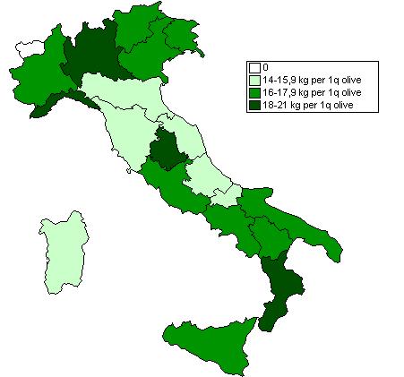 Analisi su superfici e produzione nazionali Luglio 2012 Cartogramma 5.1: Produzione di olio di pressione (A) e resa dell olio di pressione (B) in Italia nell anno 2011.